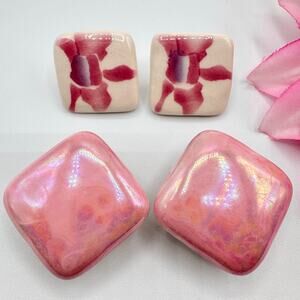 Vintage Pink Ceramic Earring Lot 2 Pair Iridescent Floral Artsy Crafty Pierced